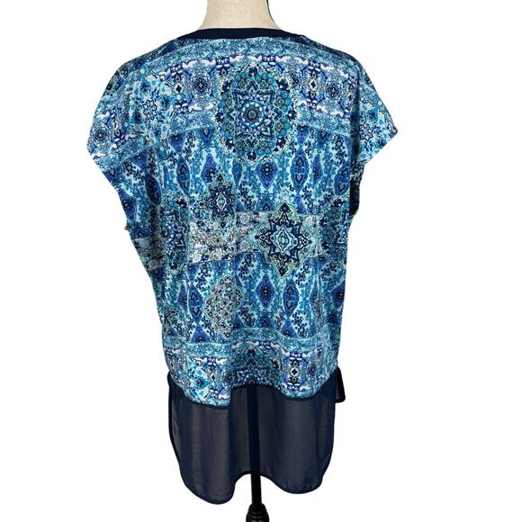 Roz & Ali X-Large Top Geometric Stretch Hi-Low Hem V-Neck Dolman Cap Sleeve Blue - Picture 5 of 9